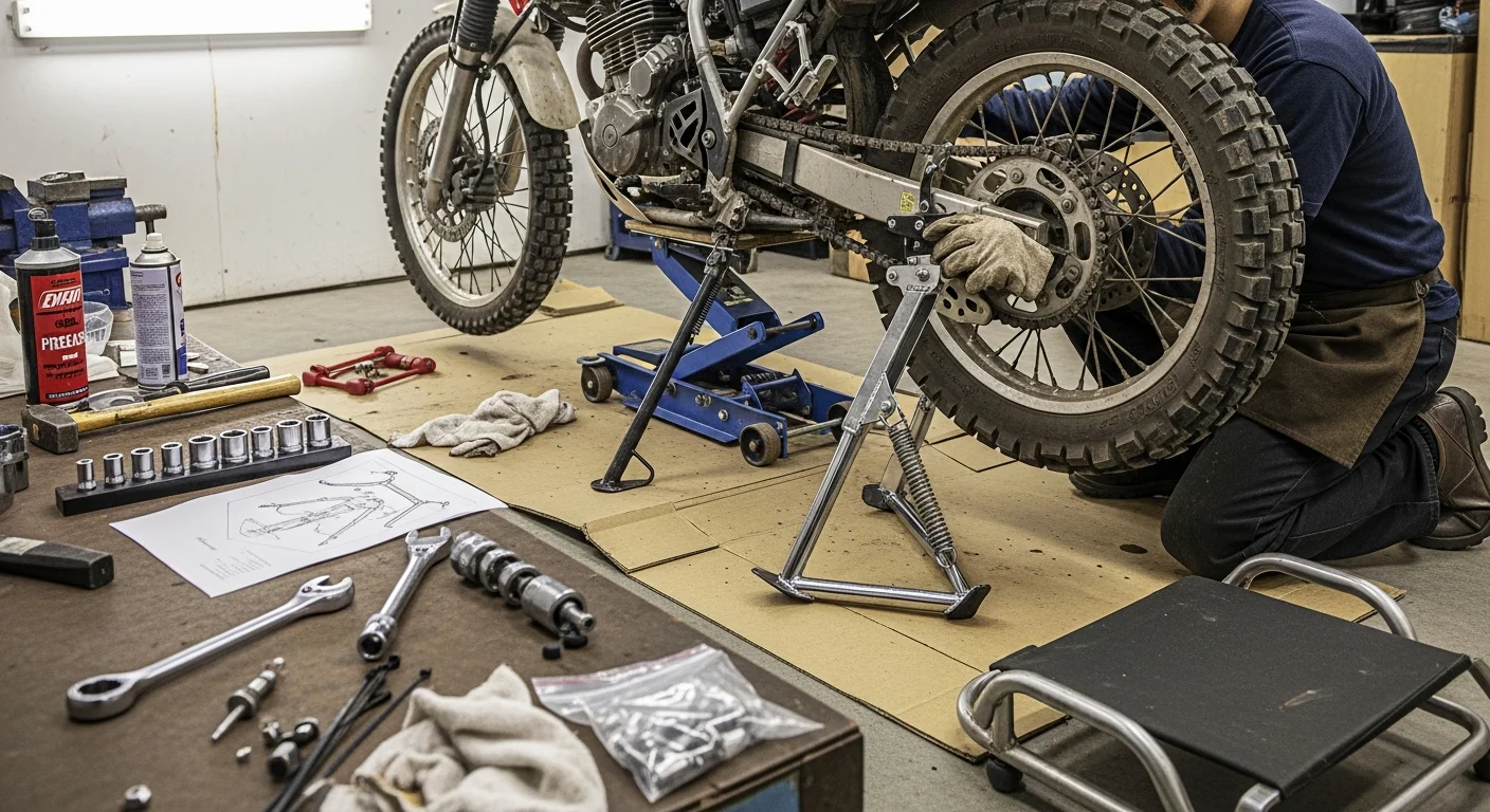 Motard installant une béquille centrale aftermarket sur une moto trail dans un garage