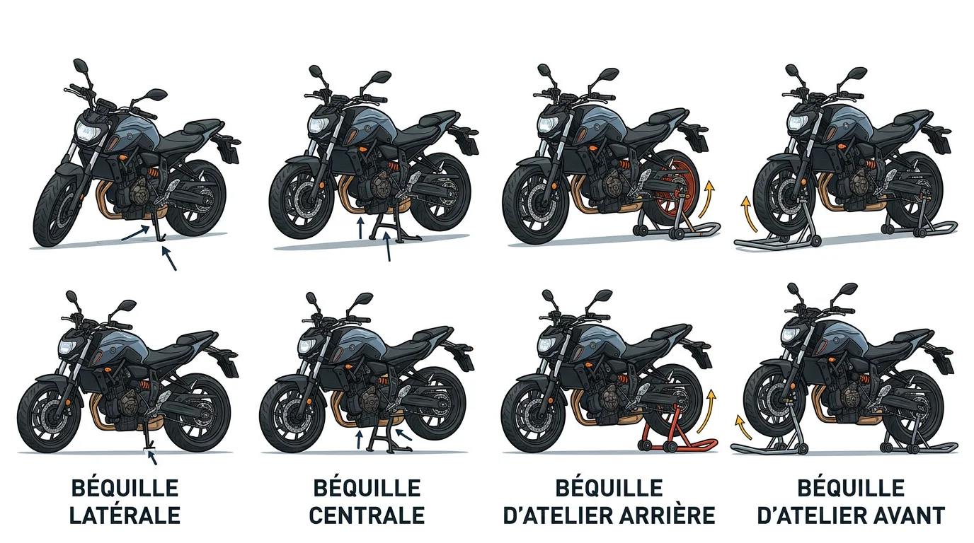 Schéma comparatif des 4 types de béquilles moto : latérale, centrale, atelier arrière et atelier avant