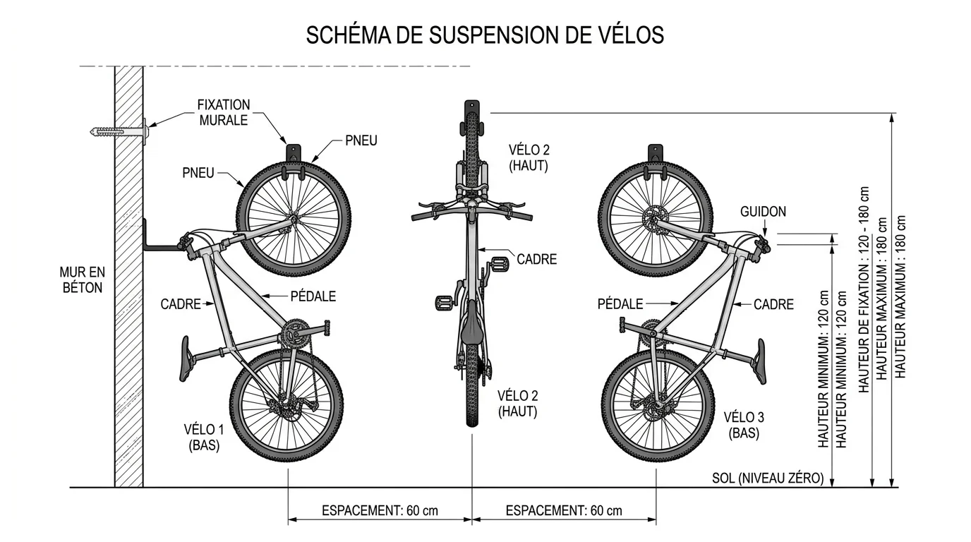 Schéma technique espacement 3 vélos suspendus en alternance sur un mur