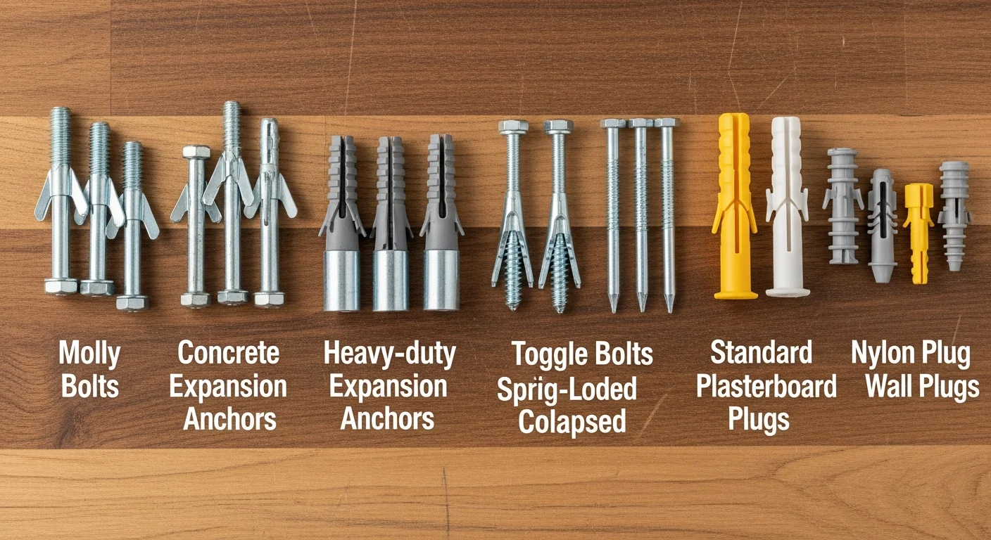 Différents types de chevilles et fixations murales sur établi