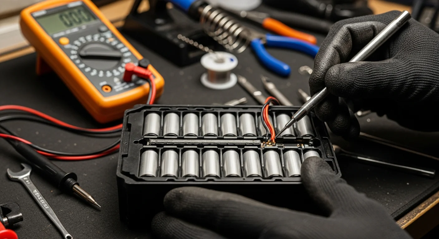 Reconditionnement d'une batterie VAE en atelier, cellules et multimètre