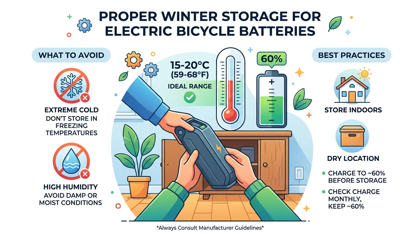 Stockage hivernal d'une batterie VAE : température 15-20°C, charge à 60%