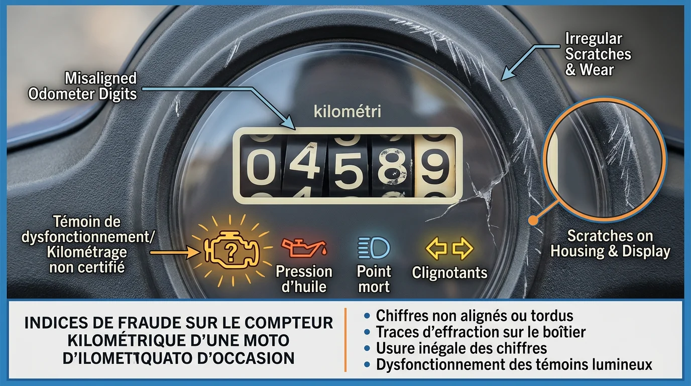 Compteur kilométrique de moto affichant un kilométrage suspect, signe possible de fraude