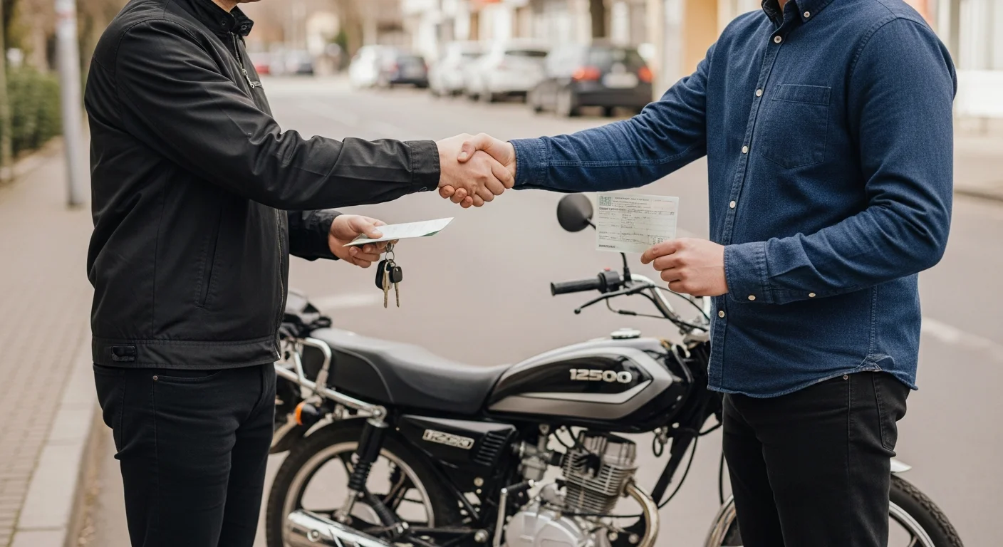 Transaction achat moto 125 d'occasion : échange de documents et clés entre acheteur et vendeur