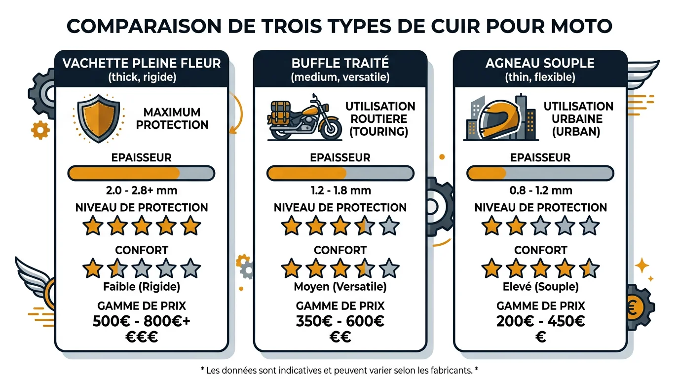 Comparatif des types de cuir pour blouson moto : vachette, buffle et agneau