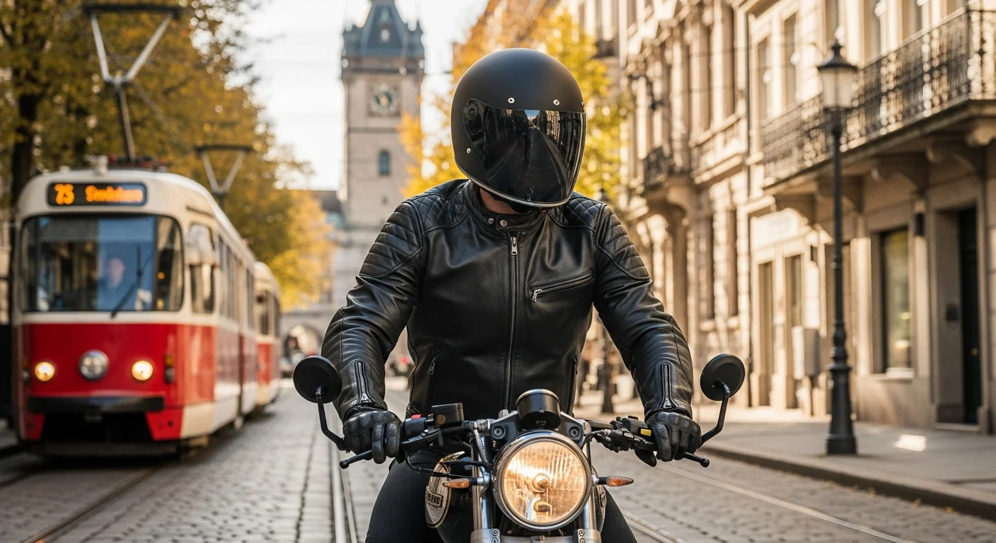 Motard portant un blouson cuir en ville