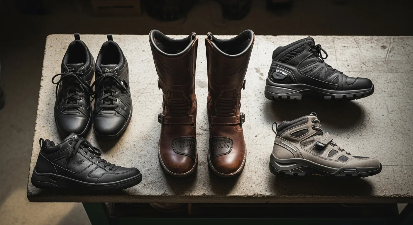 Comparatif des trois types de chaussures moto : baskets urbaines, bottes hautes en cuir et chaussures touring mi-hautes