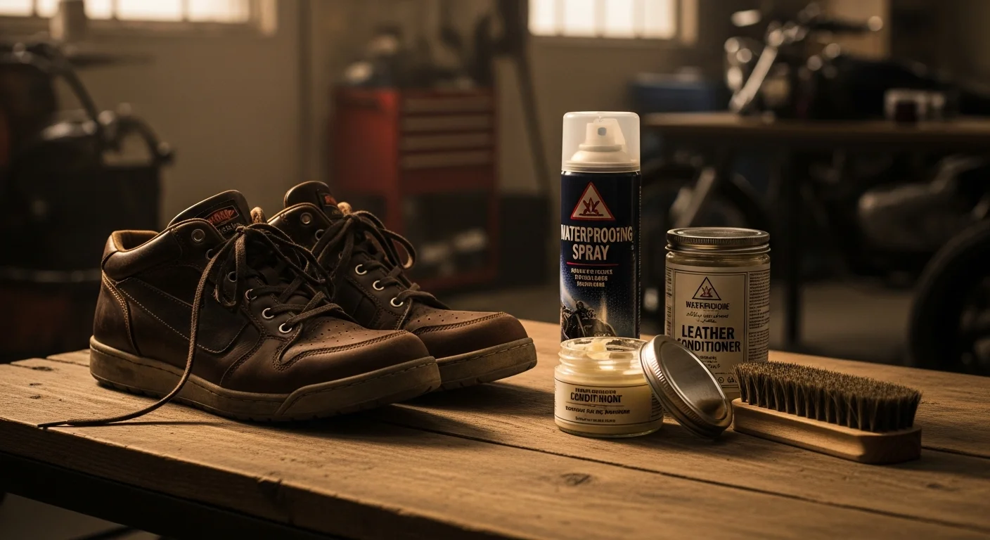 Entretien de baskets moto en cuir : spray imperméabilisant, crème nourrissante et brosse douce
