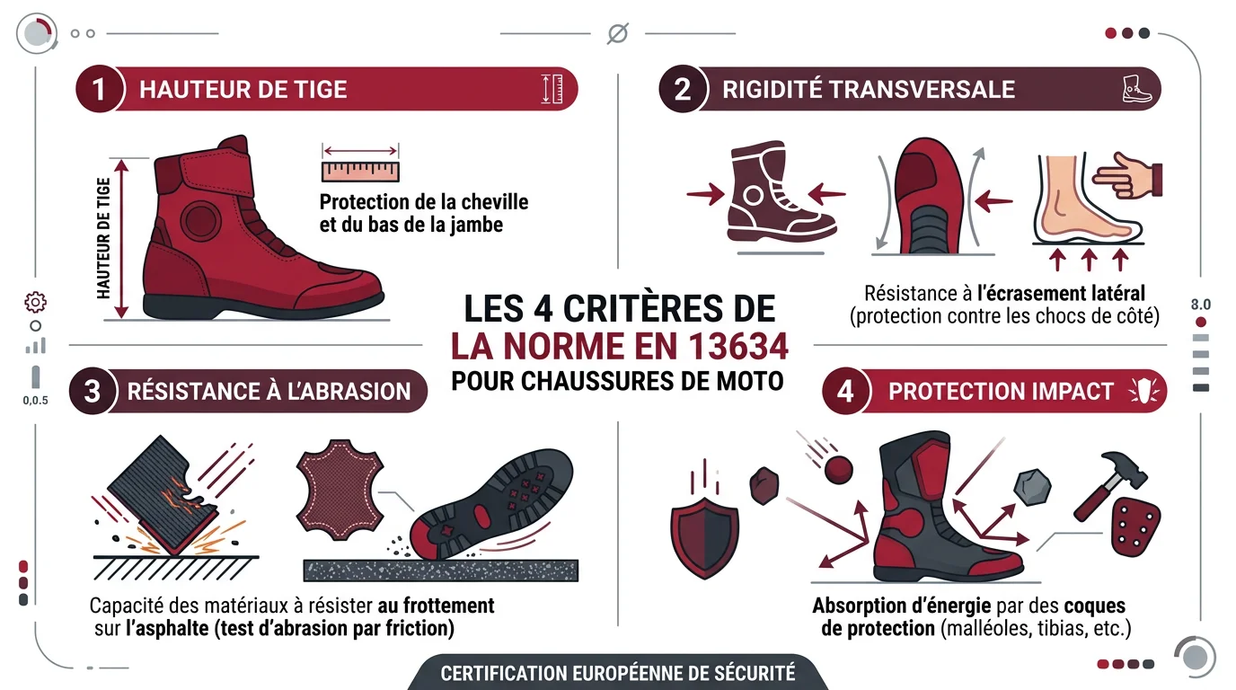 Infographie des 4 critères de la norme EN 13634 pour chaussures moto homologuées