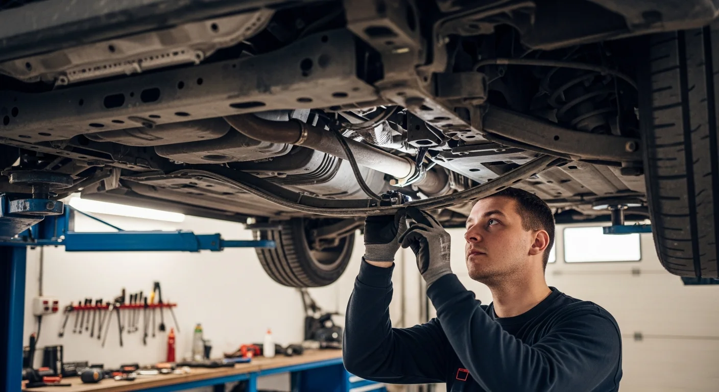 Mécanicien inspectant le dessous d'une voiture accidentée sur un pont élévateur dans un garage