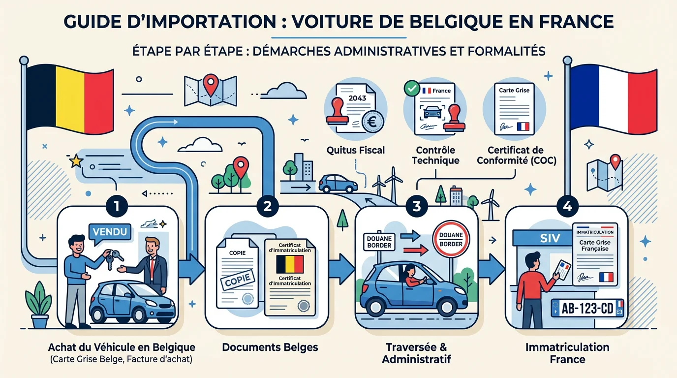 Illustration des étapes pour importer une voiture de Belgique en France : drapeaux, documents, carte grise, quitus fiscal