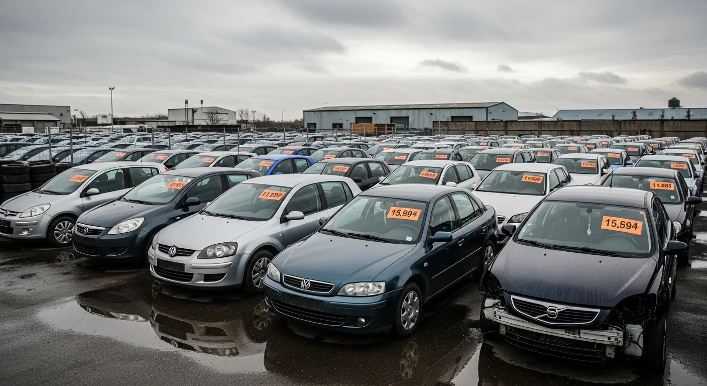 Lot de vente aux enchères de voitures accidentées en Belgique avec étiquettes de prix