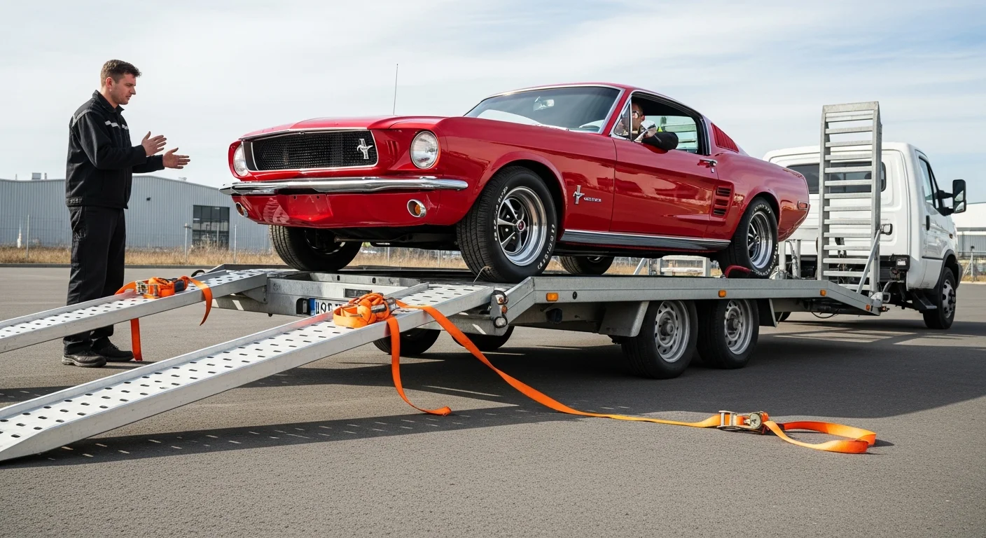 Chargement d'une voiture sur une remorque plateau basculant avec rampes et sangles d'arrimage