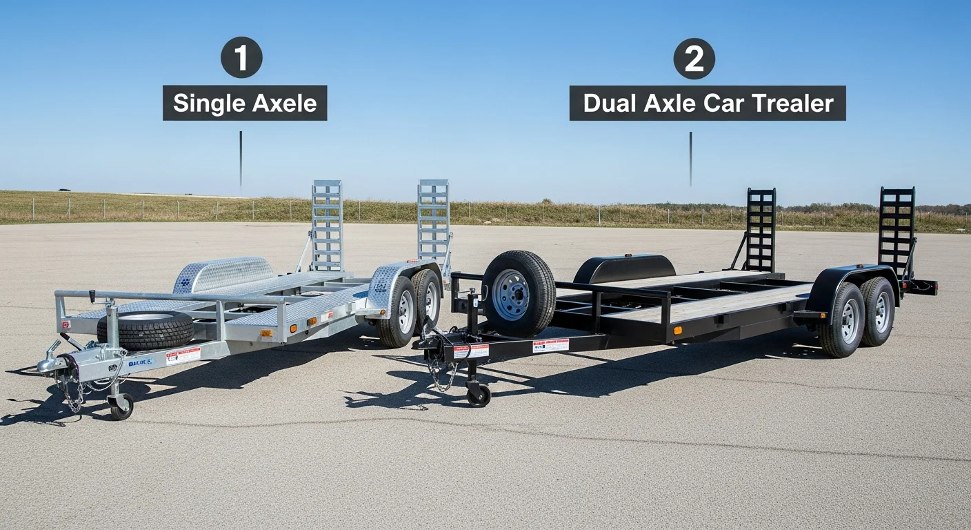 Comparatif visuel entre une remorque porte-voiture simple essieu et double essieu