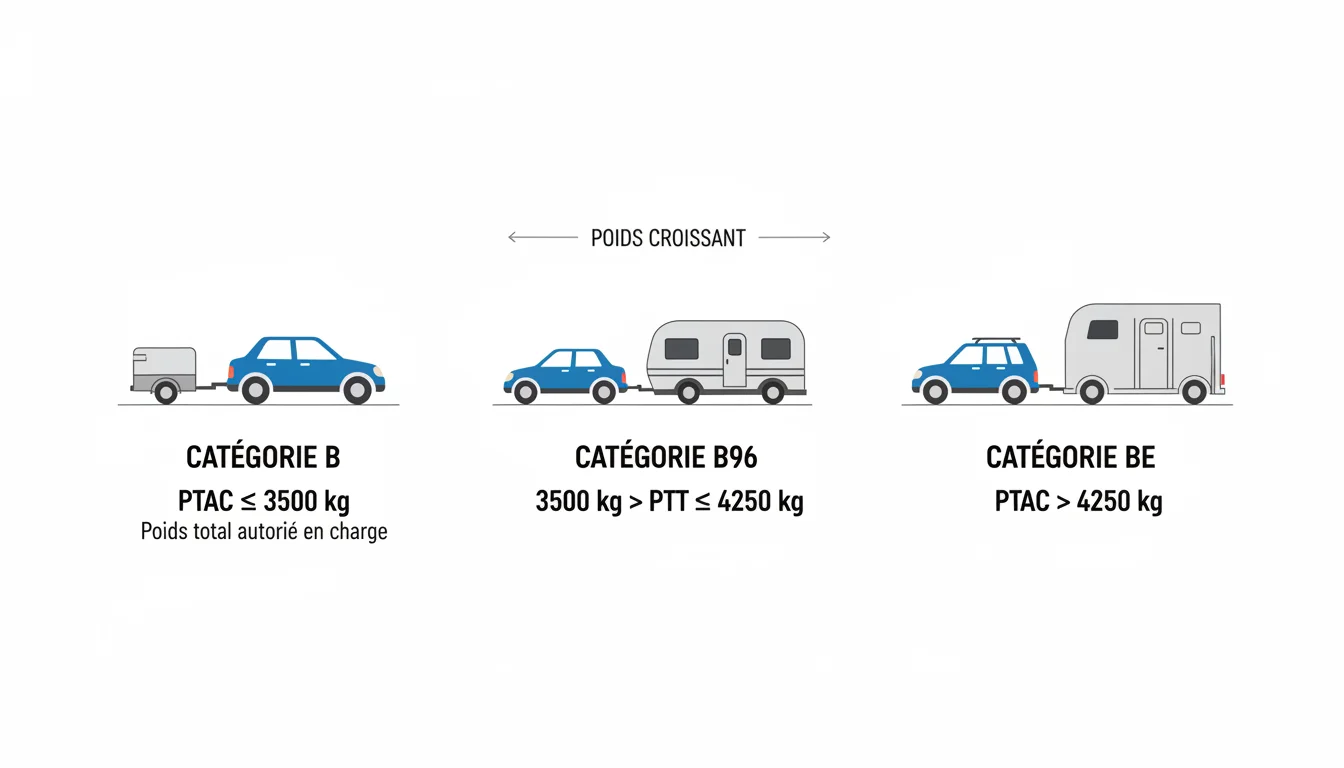 Schema des categories de permis B, B96 et BE selon le PTAC total de l'attelage