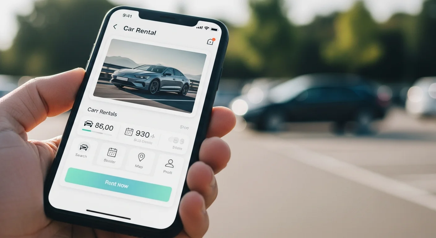 Smartphone affichant une application de location de voiture avec vehicule en arriere-plan