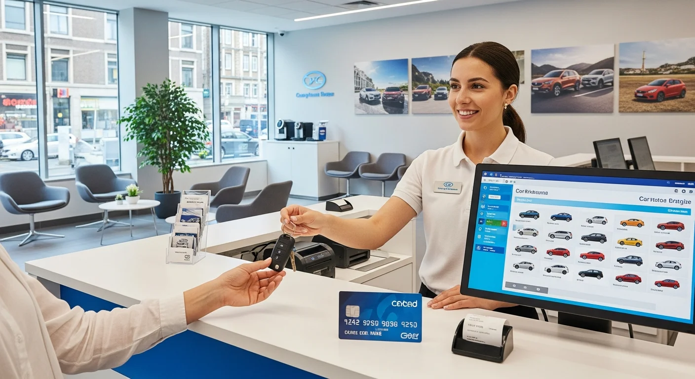 Comptoir agence de location de voitures avec employe tendant des cles et carte bancaire sur le bureau