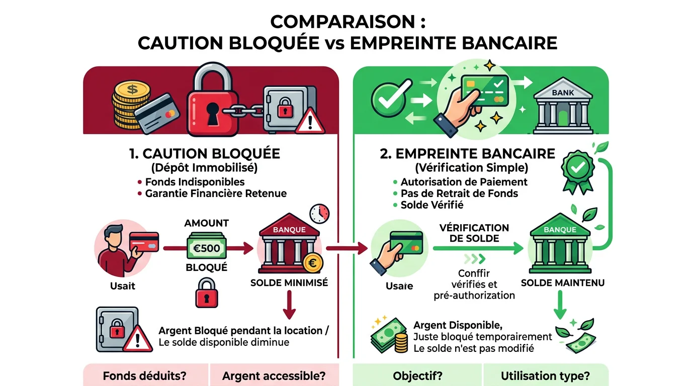 Schema comparatif entre caution bloquee et empreinte bancaire avec icones et fleches explicatives