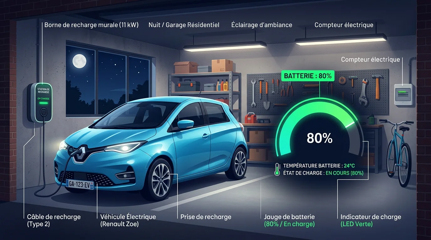 Voiture électrique branchée sur une borne de recharge murale à domicile dans un garage