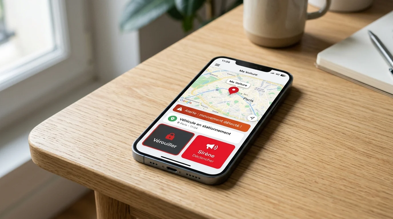 Smartphone affichant une application d'alarme voiture connectee avec localisation GPS et notifications d'alerte