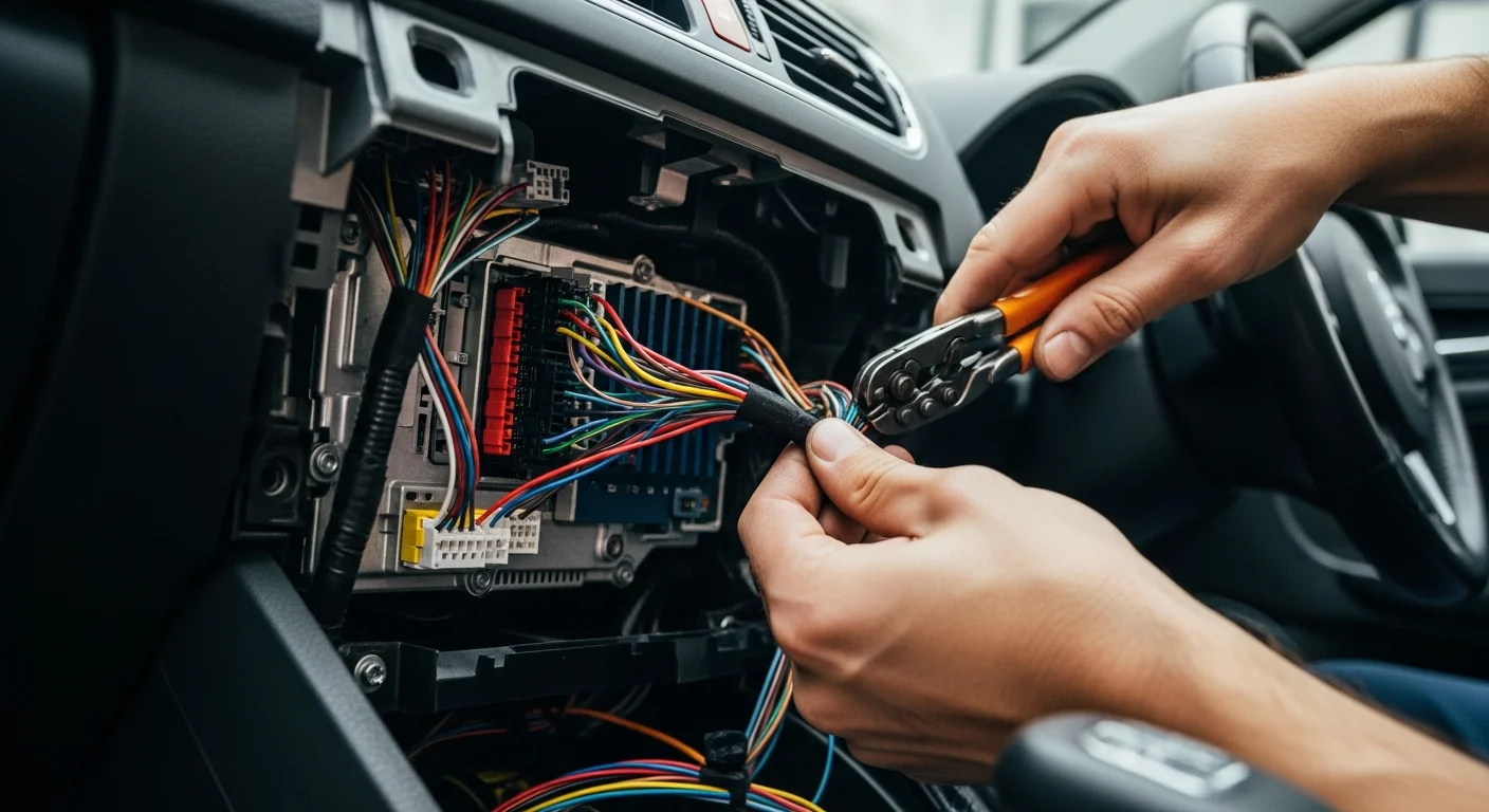 Technicien automobile connectant les cables d'une alarme sous le tableau de bord d'une voiture moderne