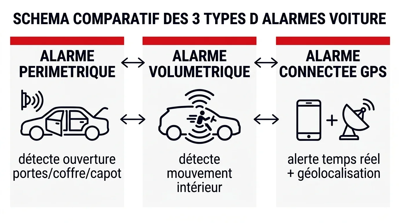 Schema comparatif des 3 types d'alarmes voiture : perimetrique, volumetrique et connectee GPS