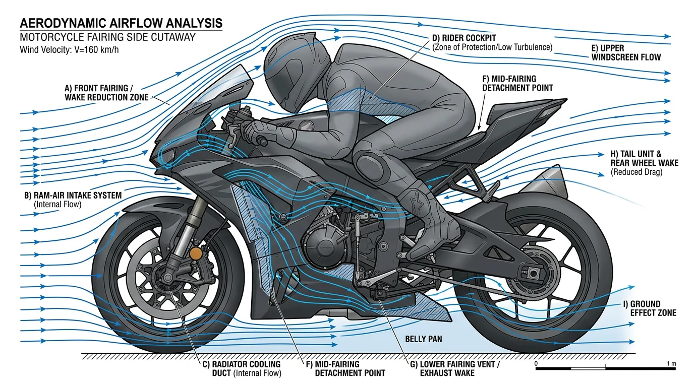 Schema aerodynamique montrant les flux d'air autour d'un carenage moto