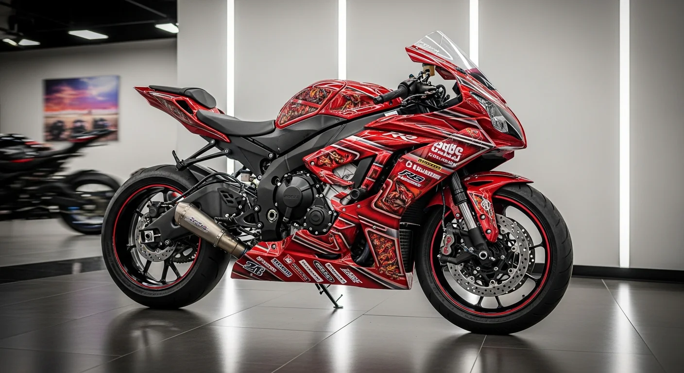 Moto sportive avec carenage peint en livree racing personnalisee