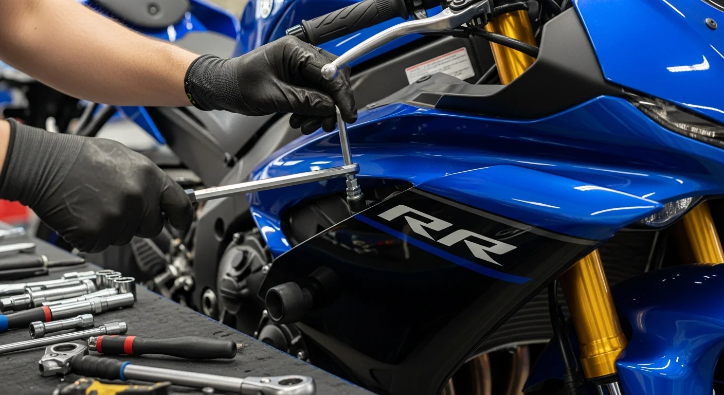 Installation d'un carenage sport sur une moto en atelier
