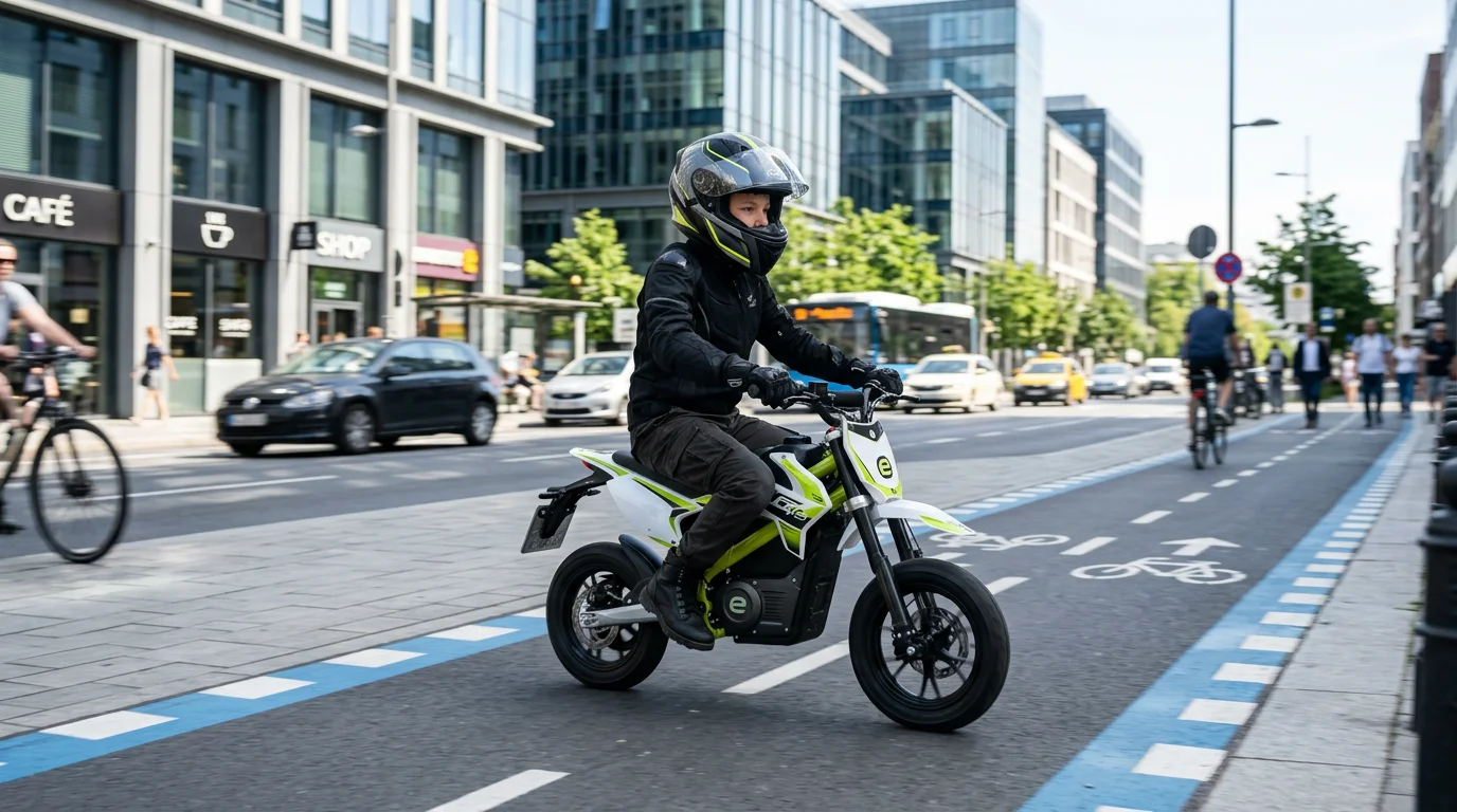 Jeune conducteur avec casque integral sur une moto electrique 50cc dans un cadre urbain moderne