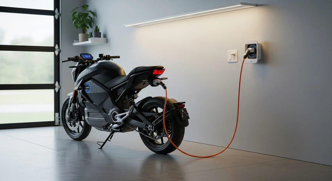 Moto electrique branchee sur une prise secteur 220V a domicile pour la recharge