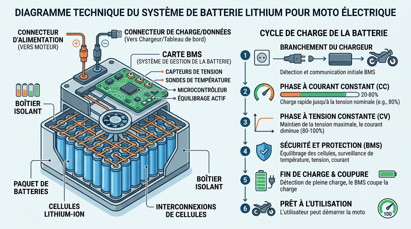 Schema technique d'une batterie lithium pour moto electrique avec cellules, BMS, connecteurs et cycle de charge