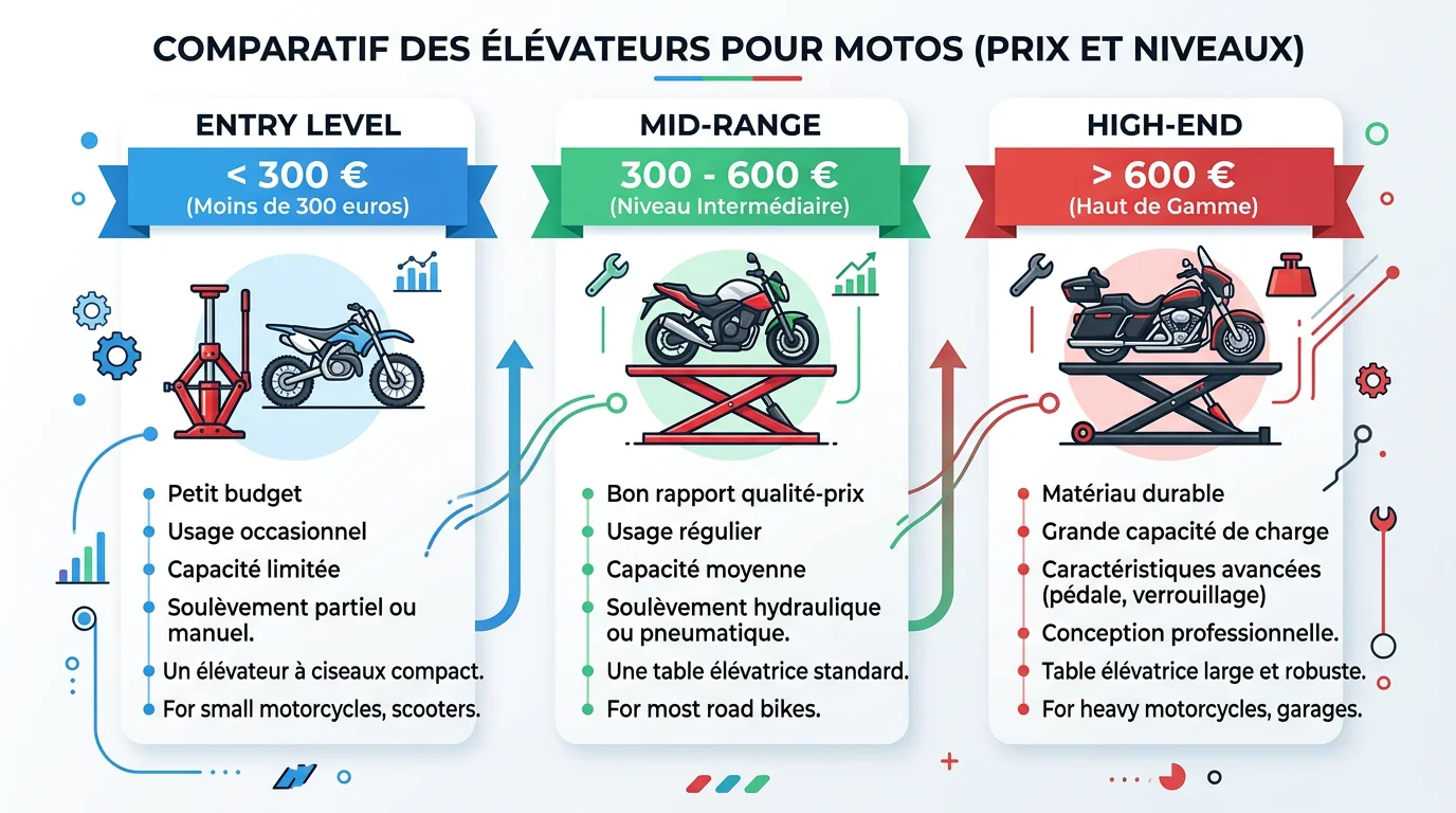 Comparatif des paliers de prix des ponts élévateurs moto : entrée de gamme, milieu de gamme et haut de gamme