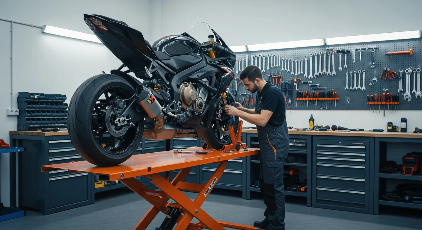 Mécanicien utilisant un pont élévateur hydraulique orange pour travailler sur une moto dans un garage professionnel