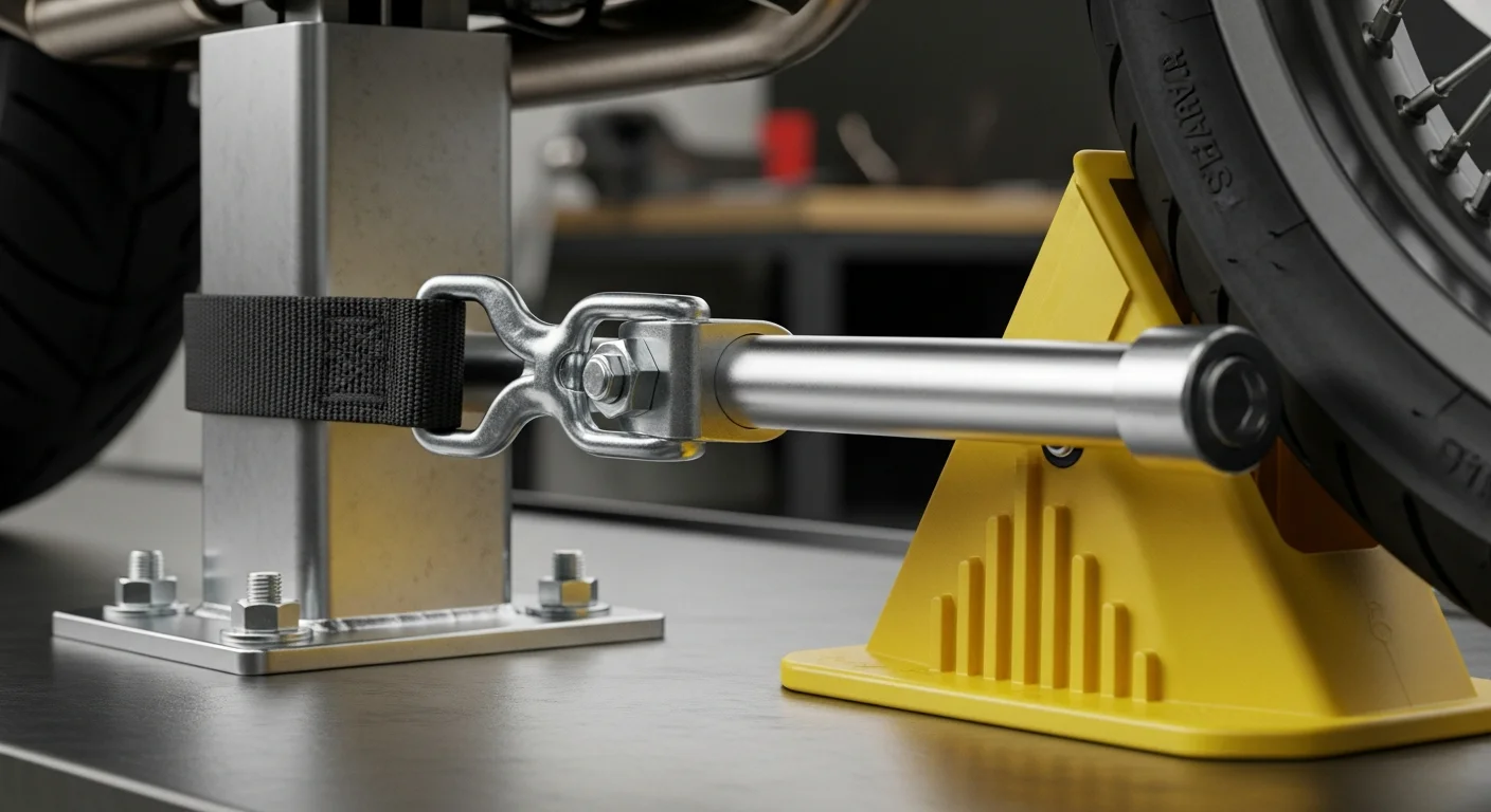 Sécurité pont élévateur moto : bride d'ancrage, cale et barre latérale