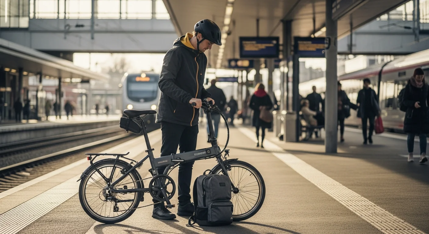 Vélo électrique pliant posé sur un quai de gare, prêt pour le trajet multimodal