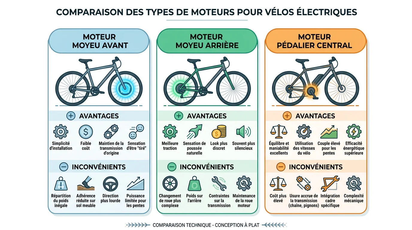 Comparatif des trois types de moteurs pour vélo électrique pliant : moyeu avant, moyeu arrière et pédalier