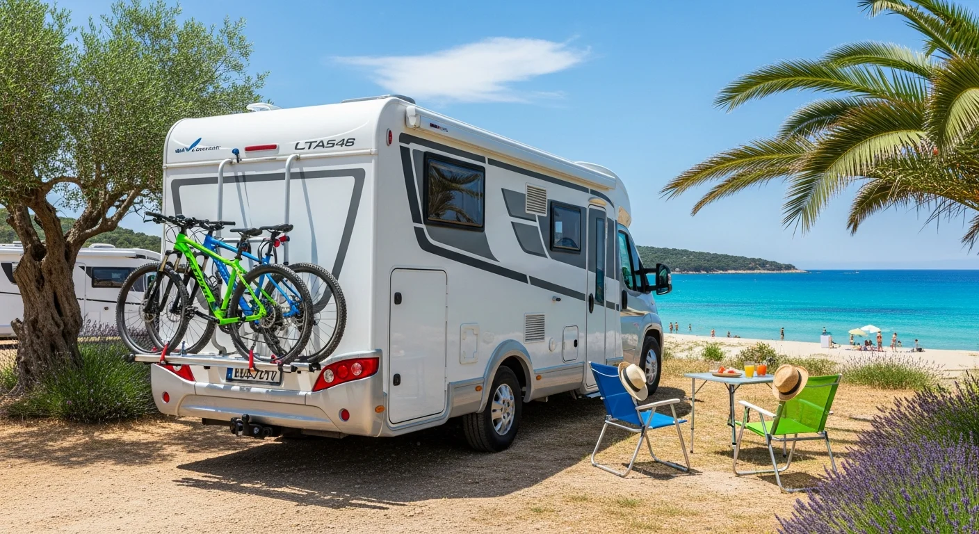 Camping-car intégral garé au bord de la mer avec porte-vélos arrière et deux vélos