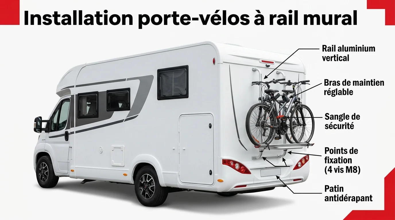 Schéma technique d installation d un porte-vélos à rail sur la paroi arrière d un camping-car