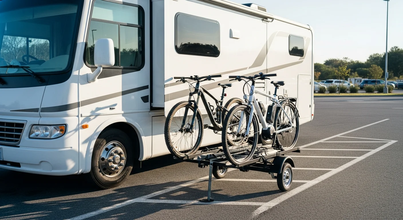 Porte-vélos plateforme monté sur attelage de camping-car avec VTT et vélo électrique