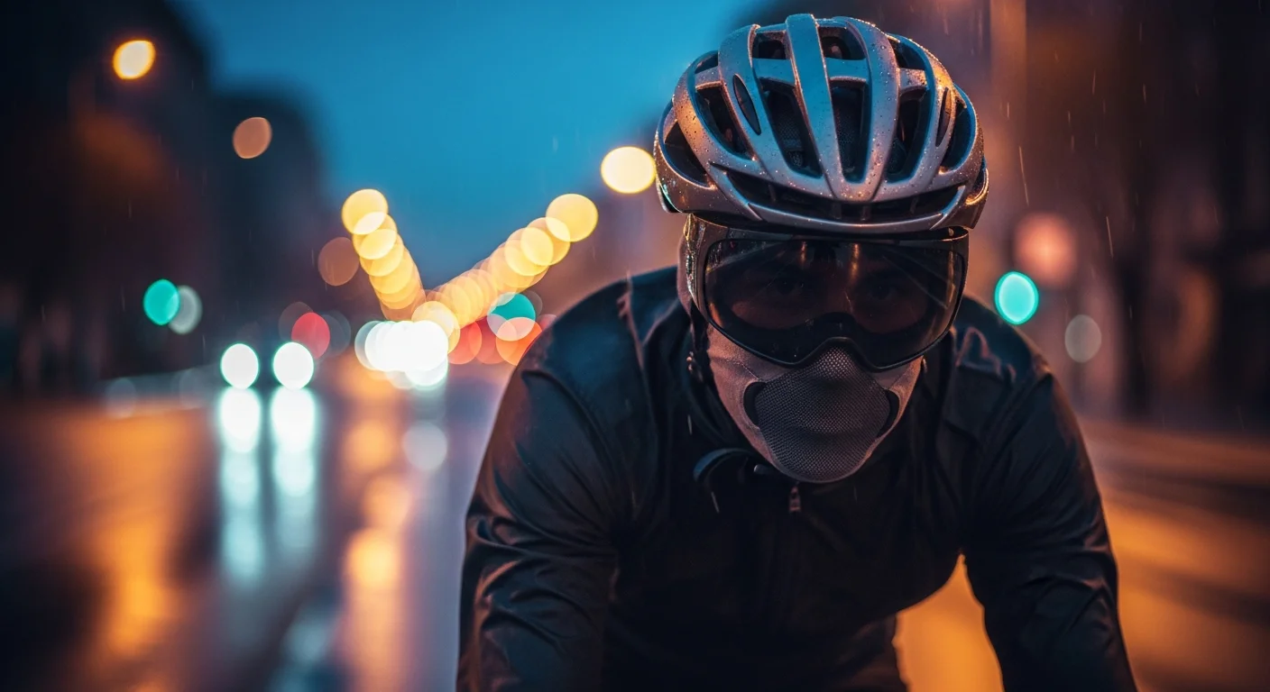 Cycliste urbain portant un casque avec visière intégrée roulant sous la pluie en ville