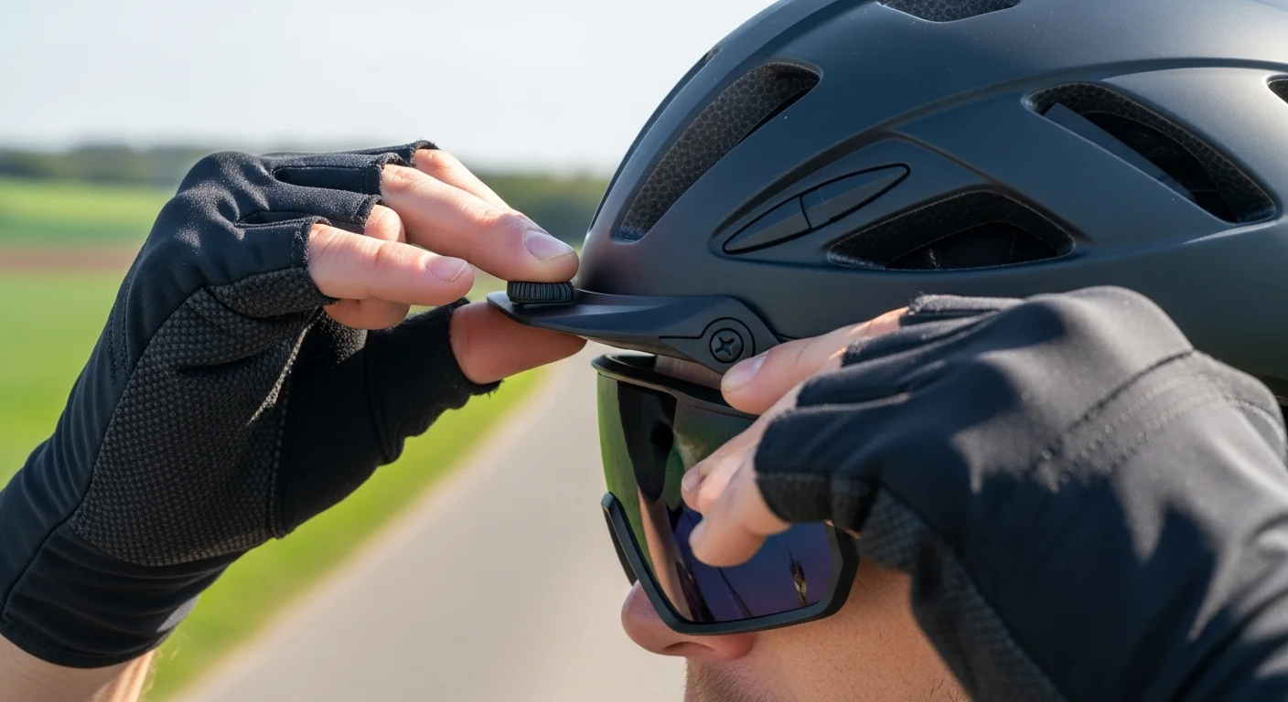 Cycliste ajustant la visière de son casque vélo sur une route de campagne