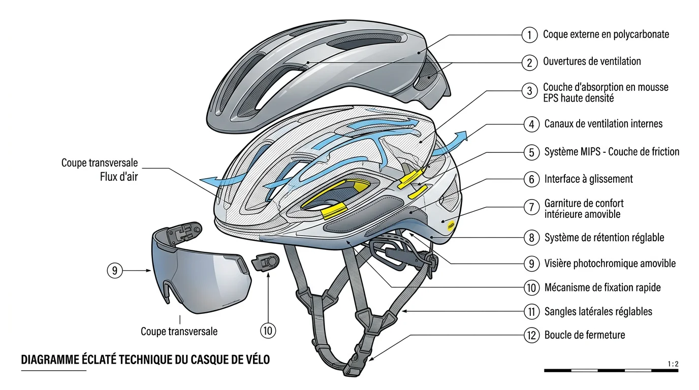 Vue éclatée technique d'un casque vélo avec visière montrant les couches de protection