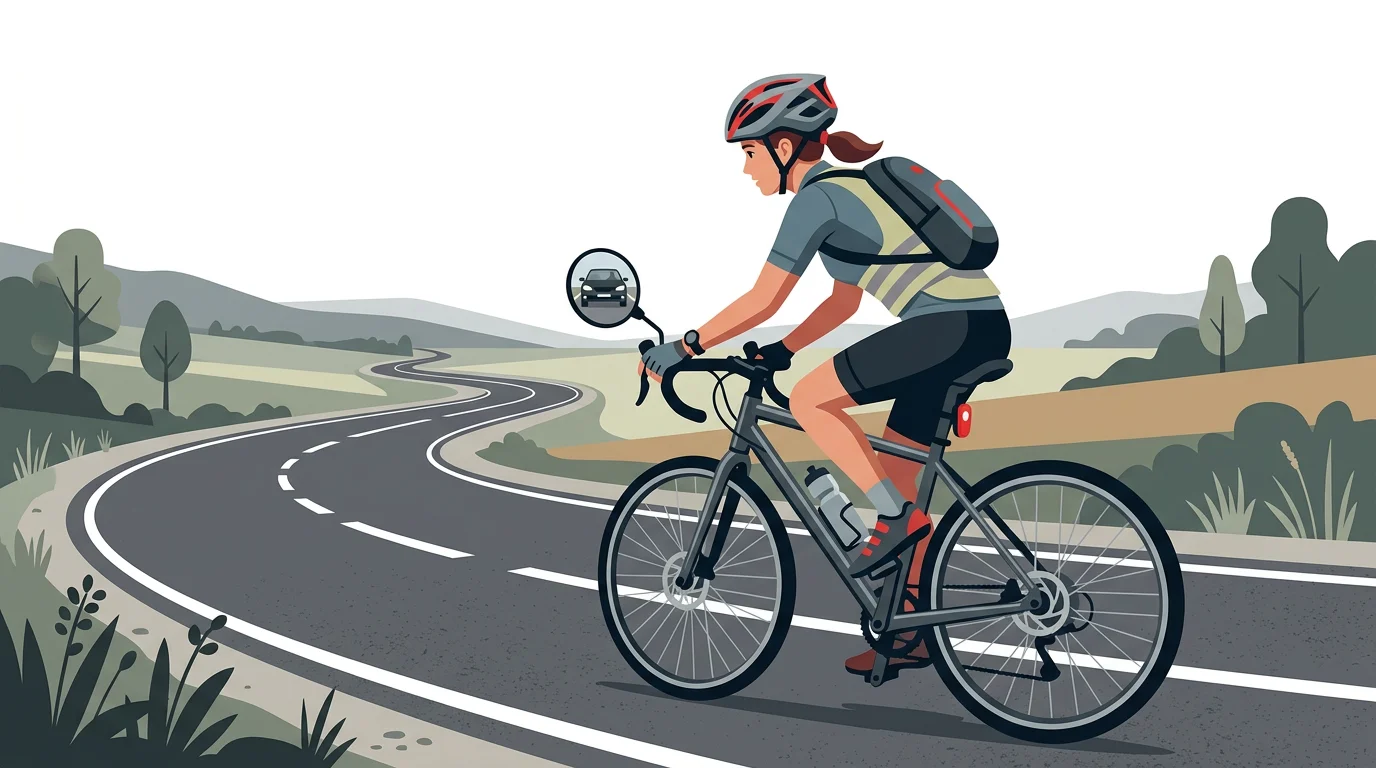 Illustration d'un cycliste consultant son rétroviseur avec le reflet d'une voiture