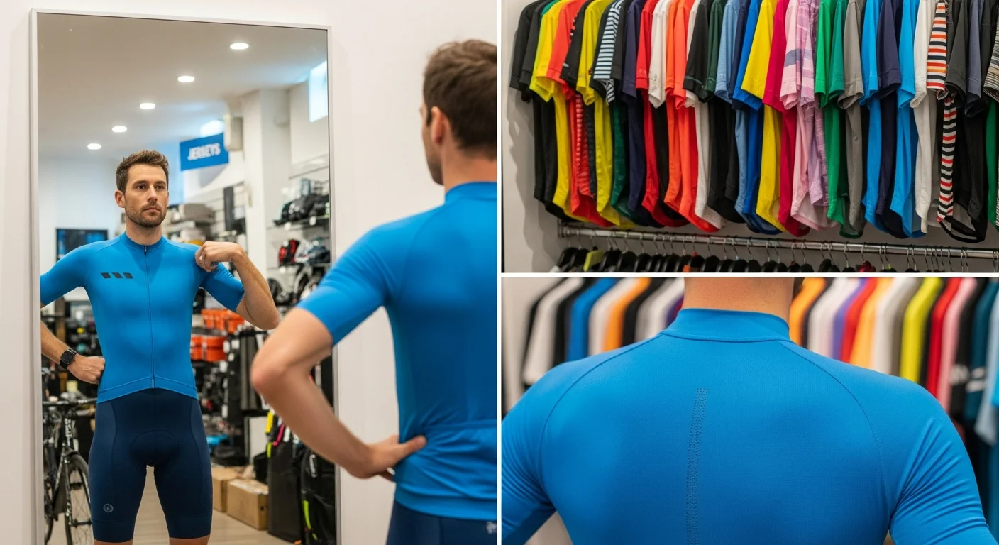 Cycliste essayant un maillot vélo dans un magasin de cycle