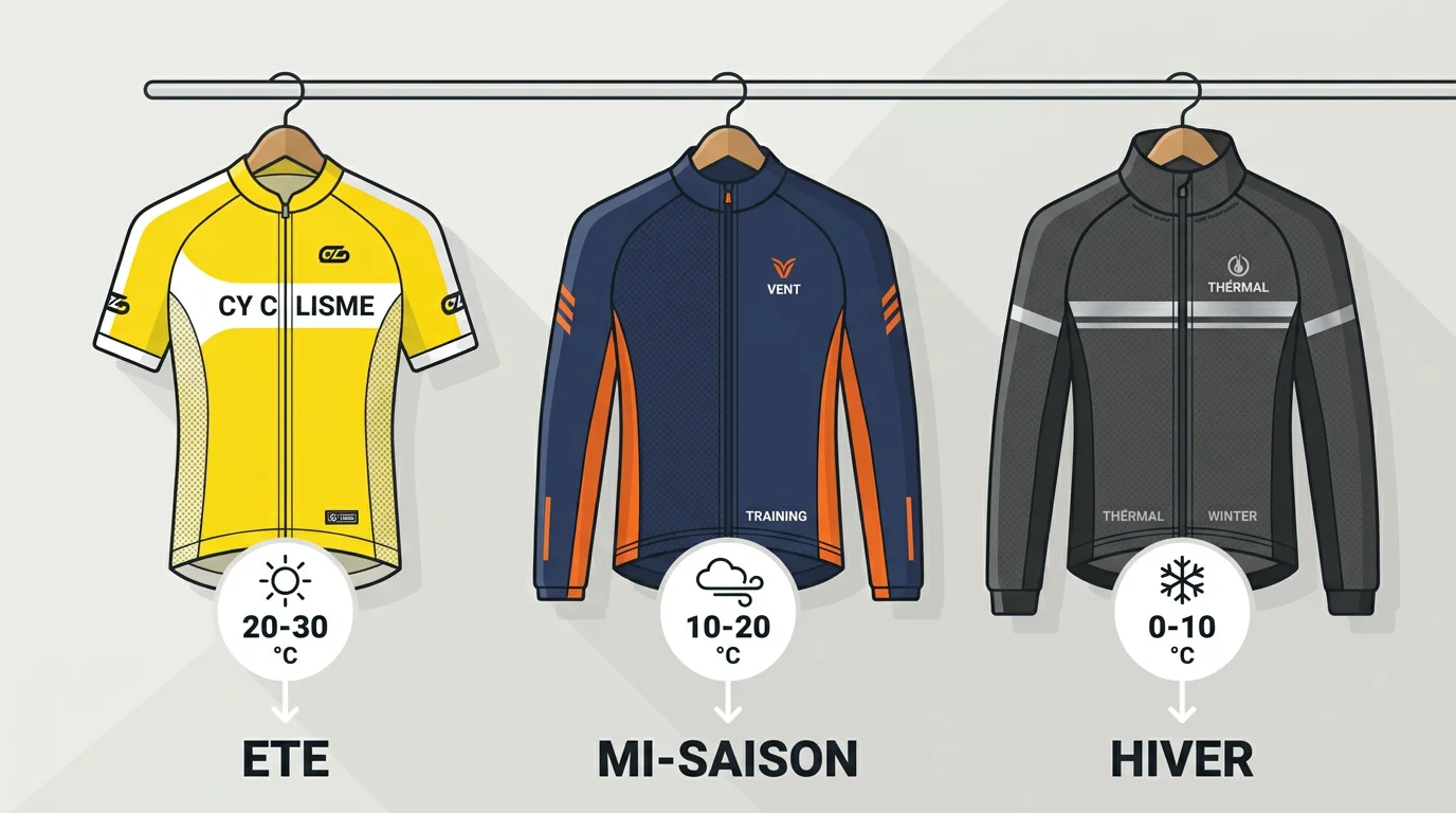 Comparatif illustré de trois maillots vélo selon la saison : été manches courtes, mi-saison et hiver thermique