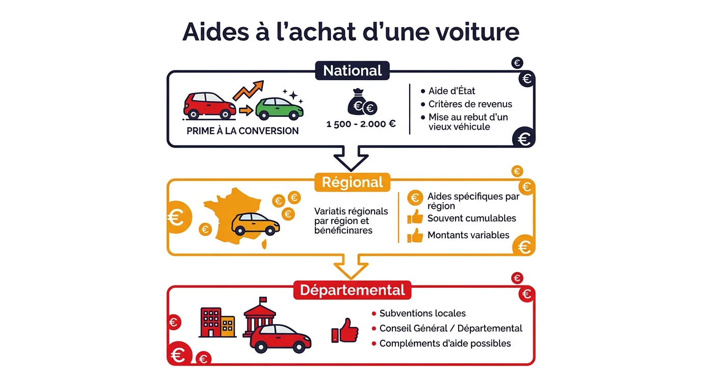 Infographie des 3 niveaux d'aides à l'achat d'une voiture en France : national, régional et départemental