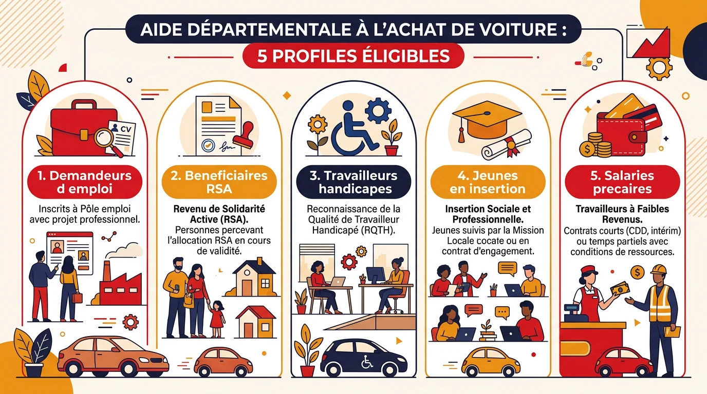 Infographie des 5 profils éligibles à l'aide départementale pour l'achat d'une voiture