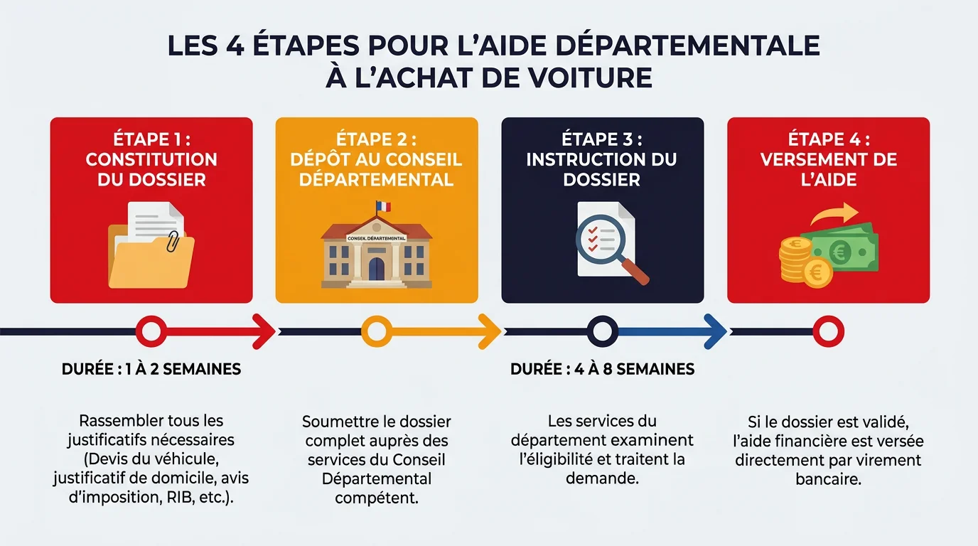 Frise chronologique des étapes de la demande d'aide départementale pour l'achat d'un véhicule