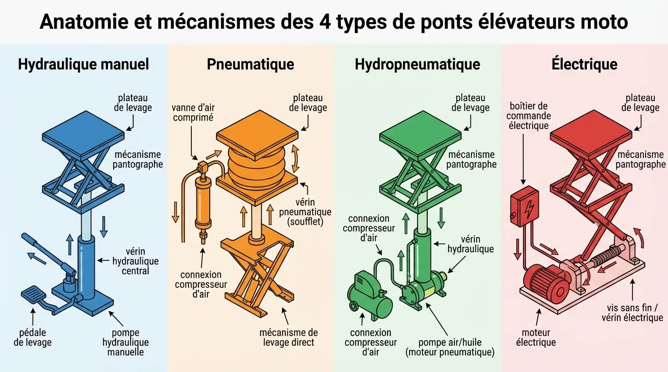 Anatomie et mécanismes des 4 types de ponts élévateurs moto